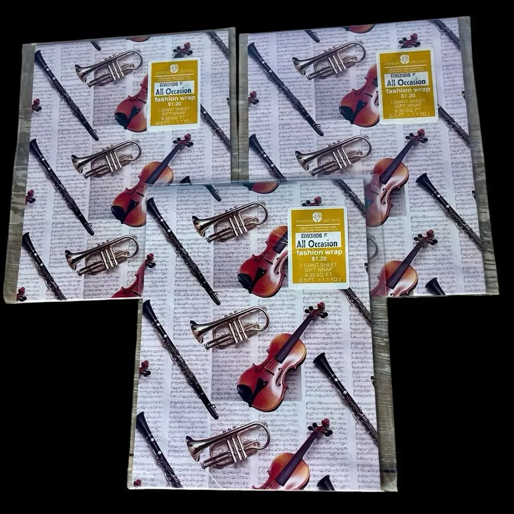 3 NOS Vintage American Greetings Music Gift Wrap Violin Trumpet Instruments